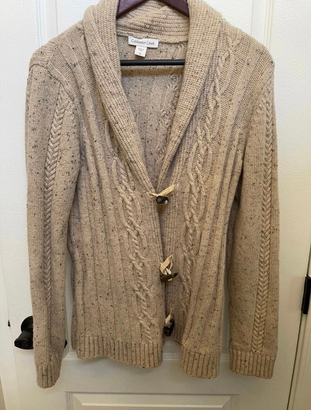 Coldwater Creek womens 60% wool cardigan sweater sz L (14) oatmeal color
